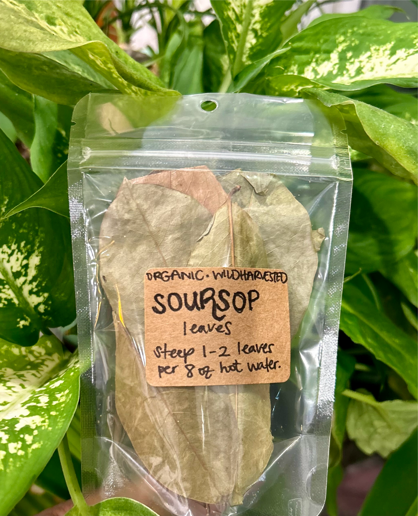 Dried soursop leaves packaged in a clear airtight ziplock-like bag with a hand-made brown label and instructions on how to use soursop leaves