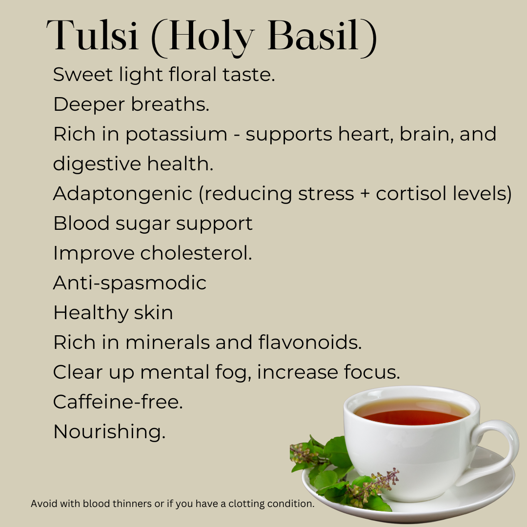 Infrgraphic that reads " Tulsi (Holy Basil) Sweet light floral taste. Deeper Breaths. Rich in Potassium - Supports heart, brain, and digestive health. Adaptongenic (reducing stress + cortisol levels) Bloood sugar support Improve cholesterol. Anti-spasmodic Healthy Skin, Rich in Minerals and flavonoids. Clear up mental fog, increase focus. Caffeine-free. Nourishing