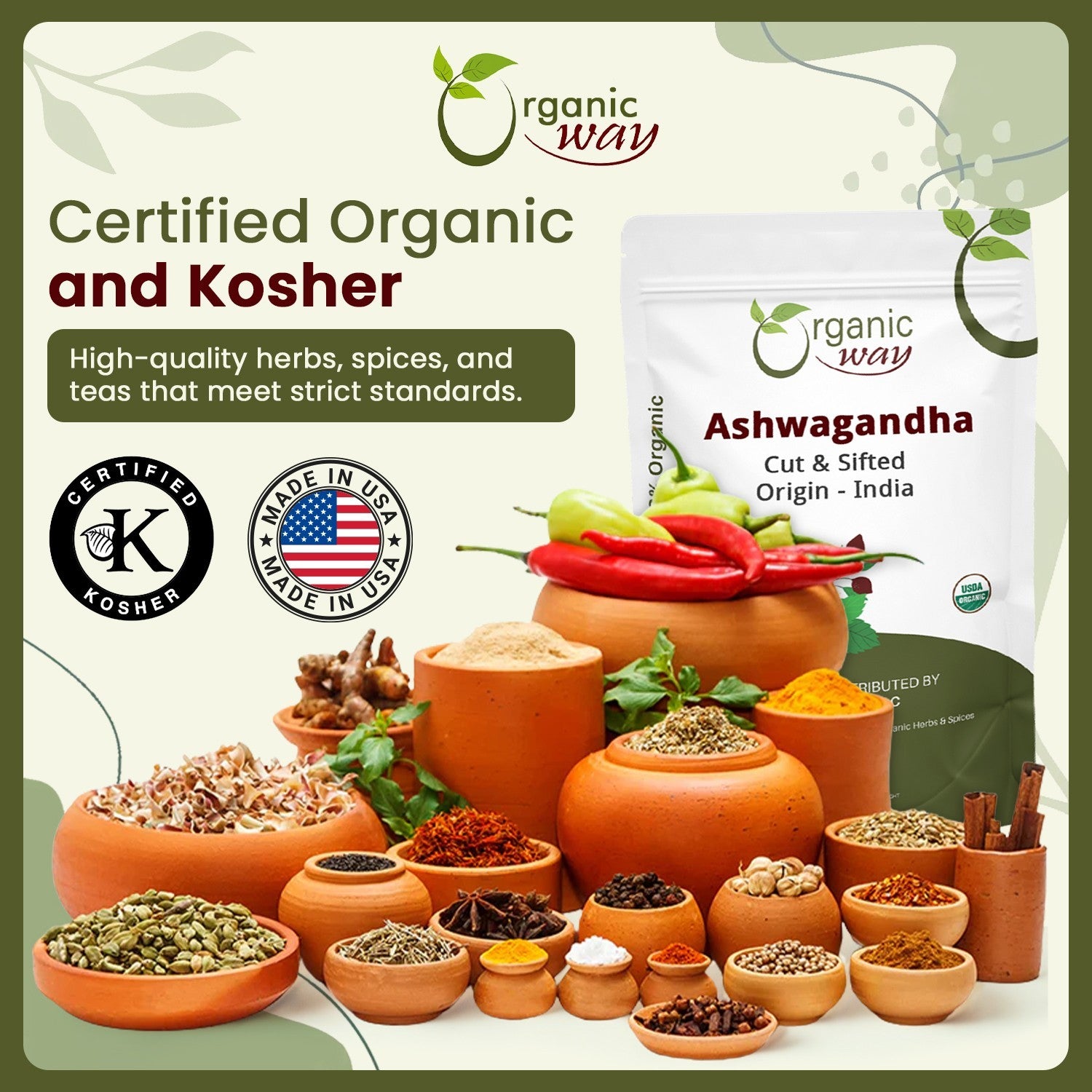Organic Way Ashwagandha Root Cut & Sifted - Organic, Kosher & USDA Certified