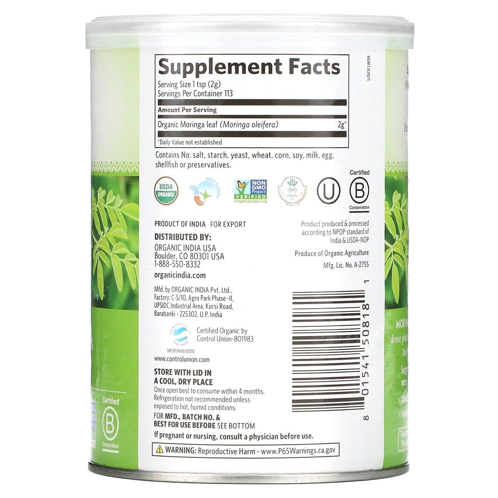Organic India Organic Moringa Leaf Powder 8 Oz 226 G Egg-Free, Gluten-Free,