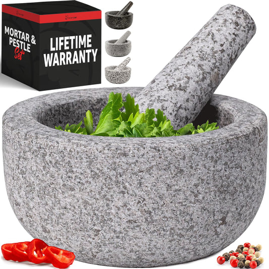 Heavy Duty Large Mortar and Pestle Set, Hand Carved from Natural Granite, Make Fresh Guacamole, Pesto, Stone Grinder Bowl, Herb Crusher, Spice Grinder, 6.3 Inches Wide, 2 Cup - Grey