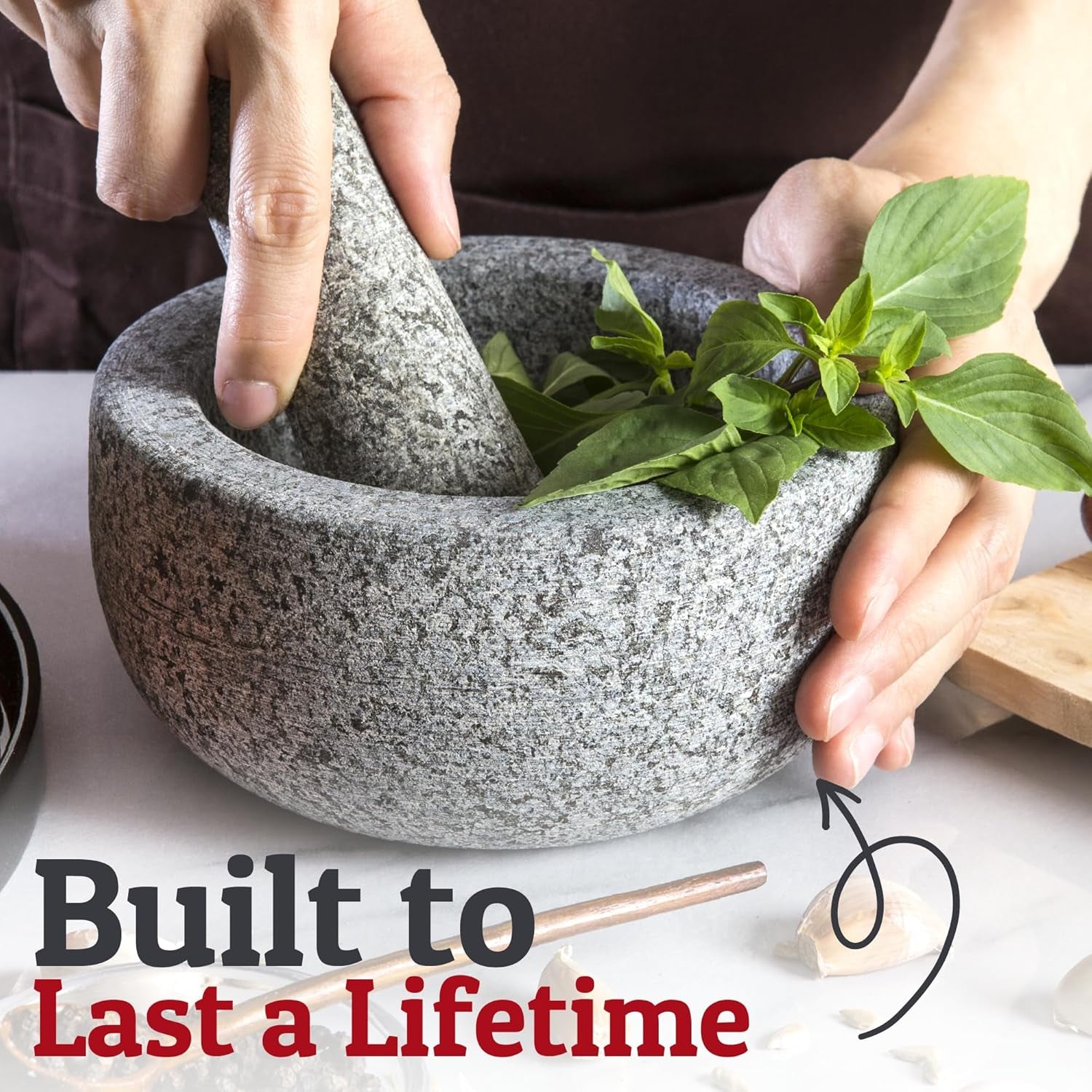 Heavy Duty Large Mortar and Pestle Set, Hand Carved from Natural Granite, Make Fresh Guacamole, Pesto, Stone Grinder Bowl, Herb Crusher, Spice Grinder, 6.3 Inches Wide, 2 Cup - Grey