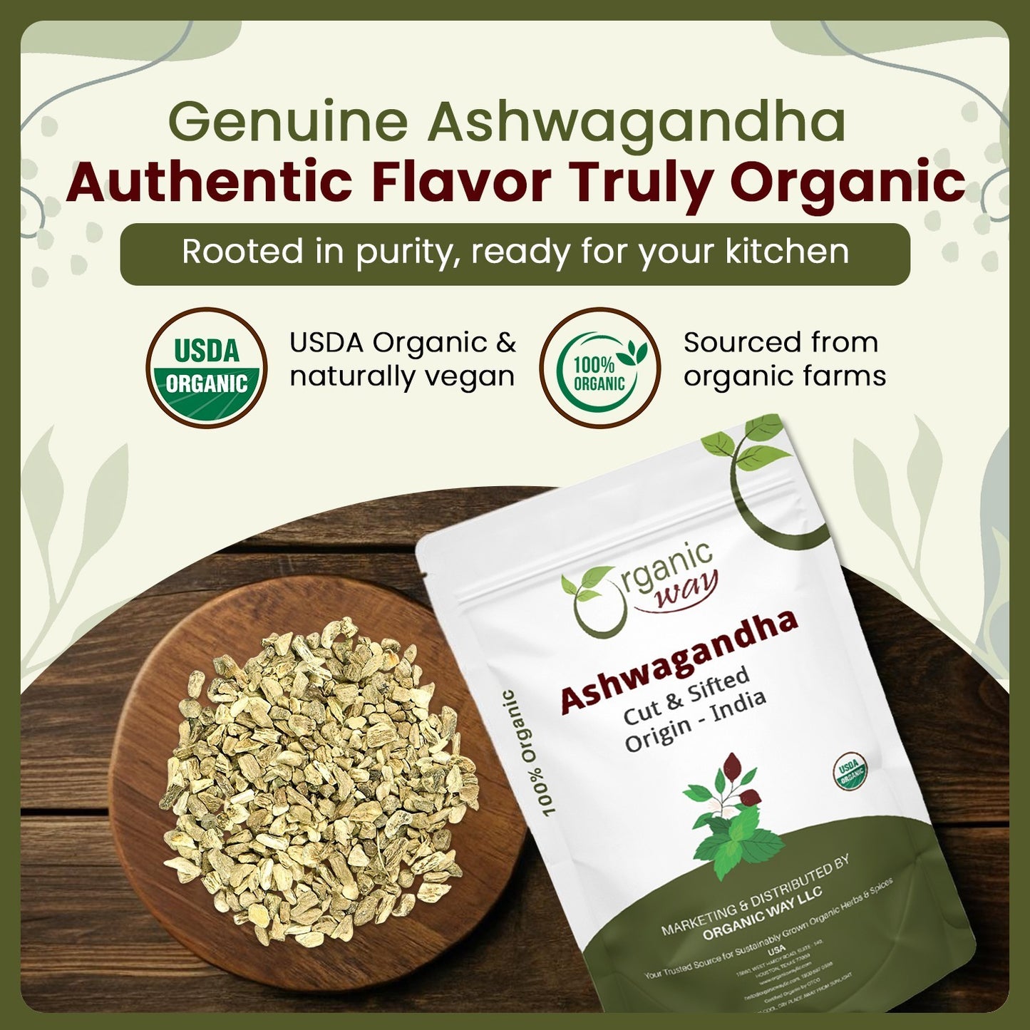 Organic Way Ashwagandha Root Cut & Sifted - Organic, Kosher & USDA Certified