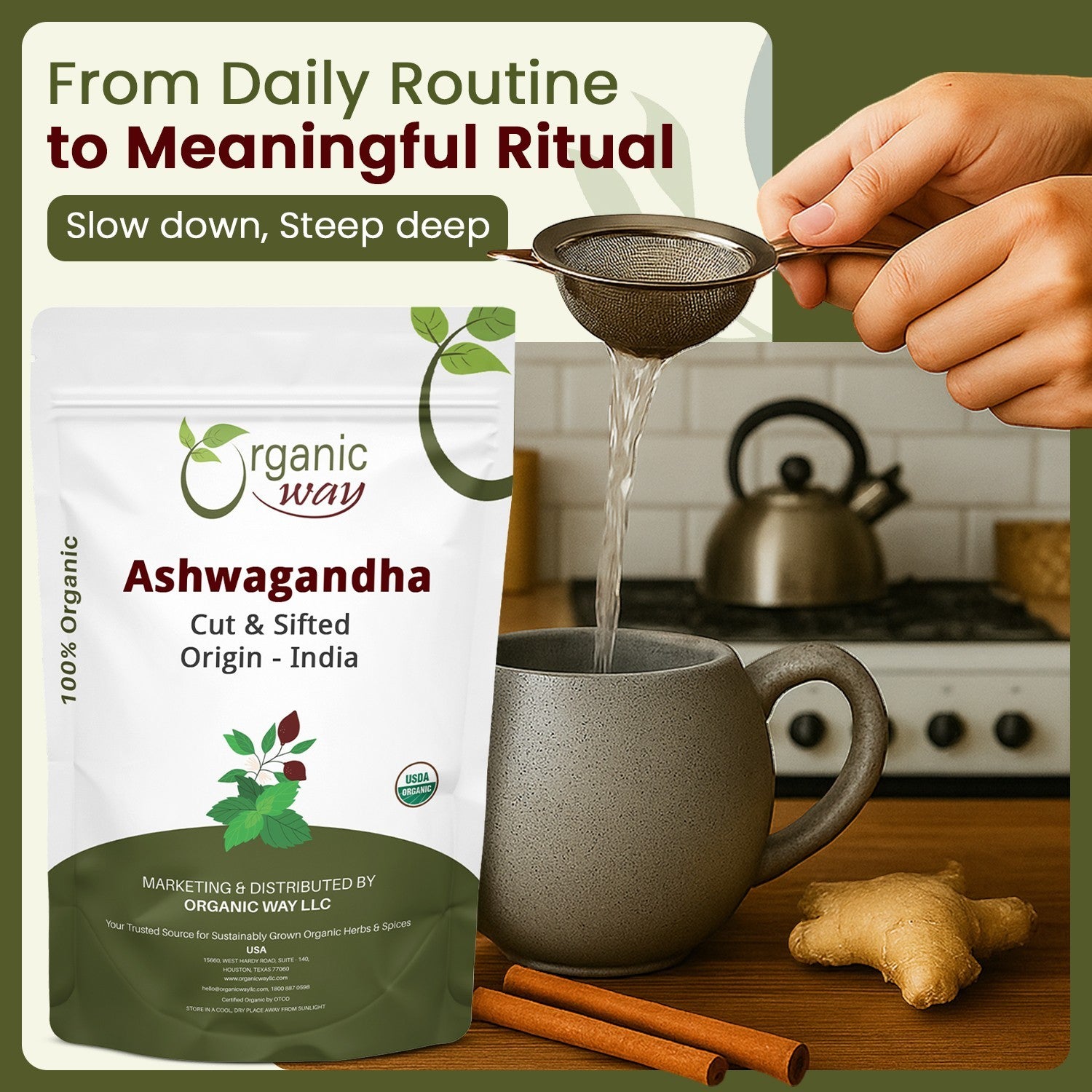 Organic Way Ashwagandha Root Cut & Sifted - Organic, Kosher & USDA Certified