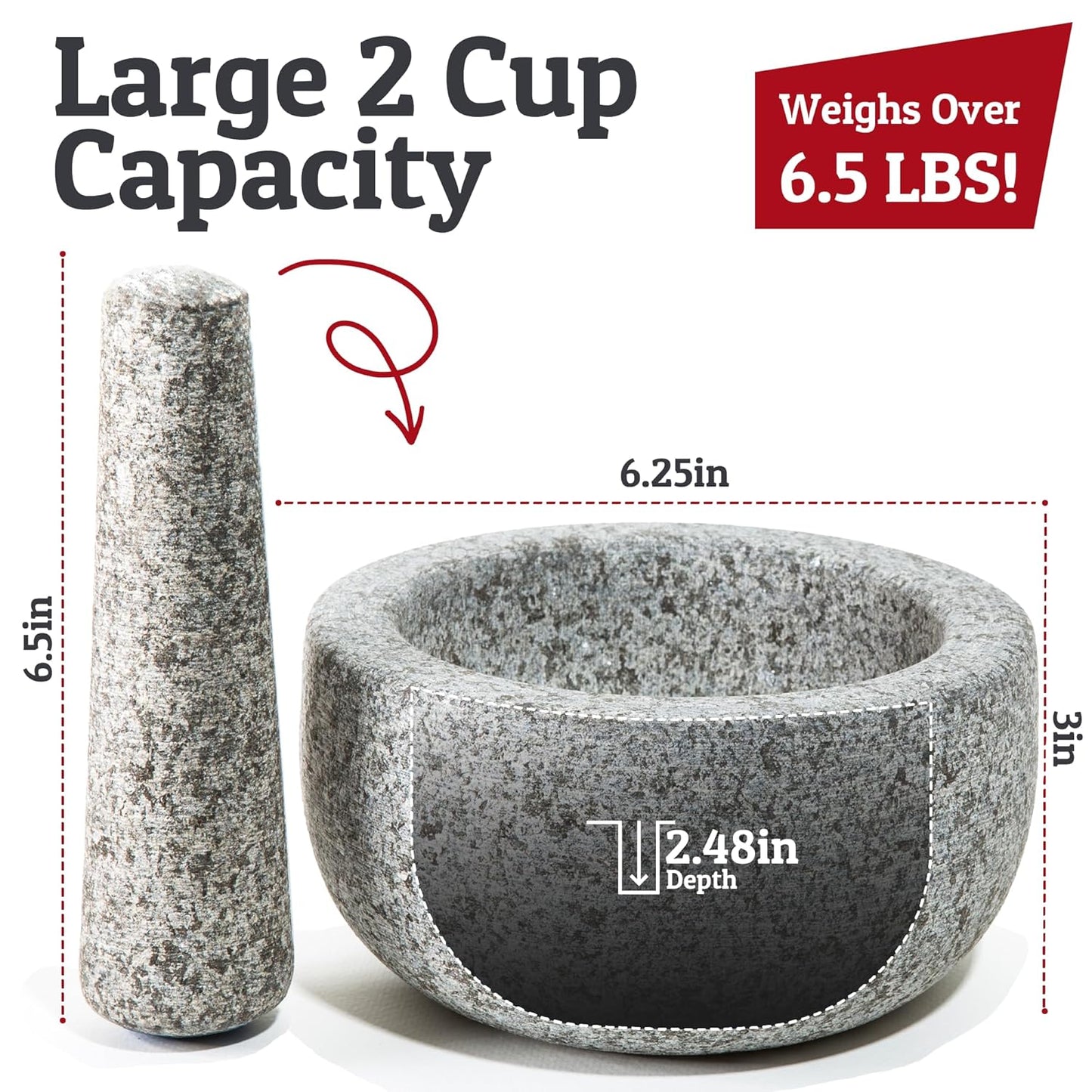Heavy Duty Large Mortar and Pestle Set, Hand Carved from Natural Granite, Make Fresh Guacamole, Pesto, Stone Grinder Bowl, Herb Crusher, Spice Grinder, 6.3 Inches Wide, 2 Cup - Grey