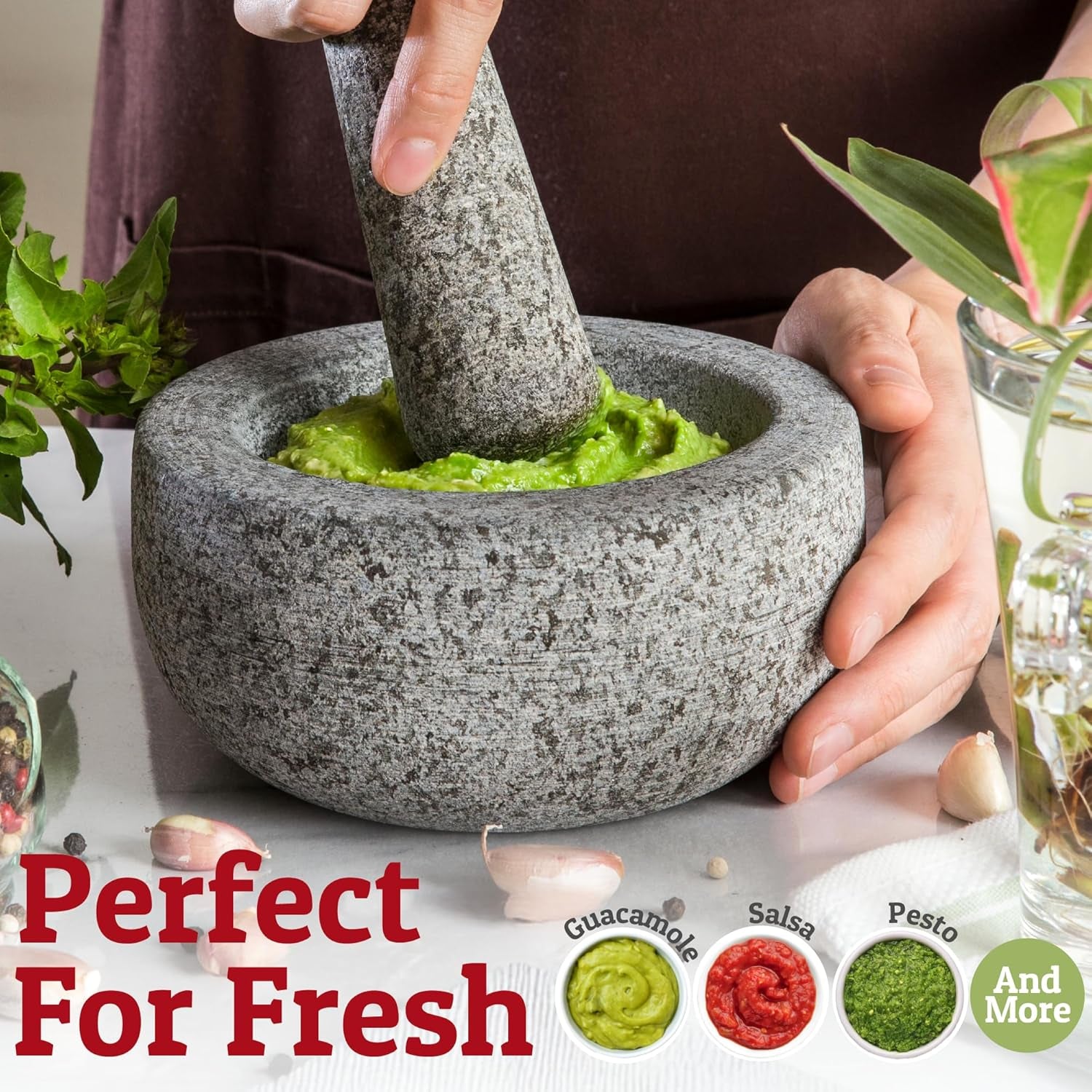 Heavy Duty Large Mortar and Pestle Set, Hand Carved from Natural Granite, Make Fresh Guacamole, Pesto, Stone Grinder Bowl, Herb Crusher, Spice Grinder, 6.3 Inches Wide, 2 Cup - Grey