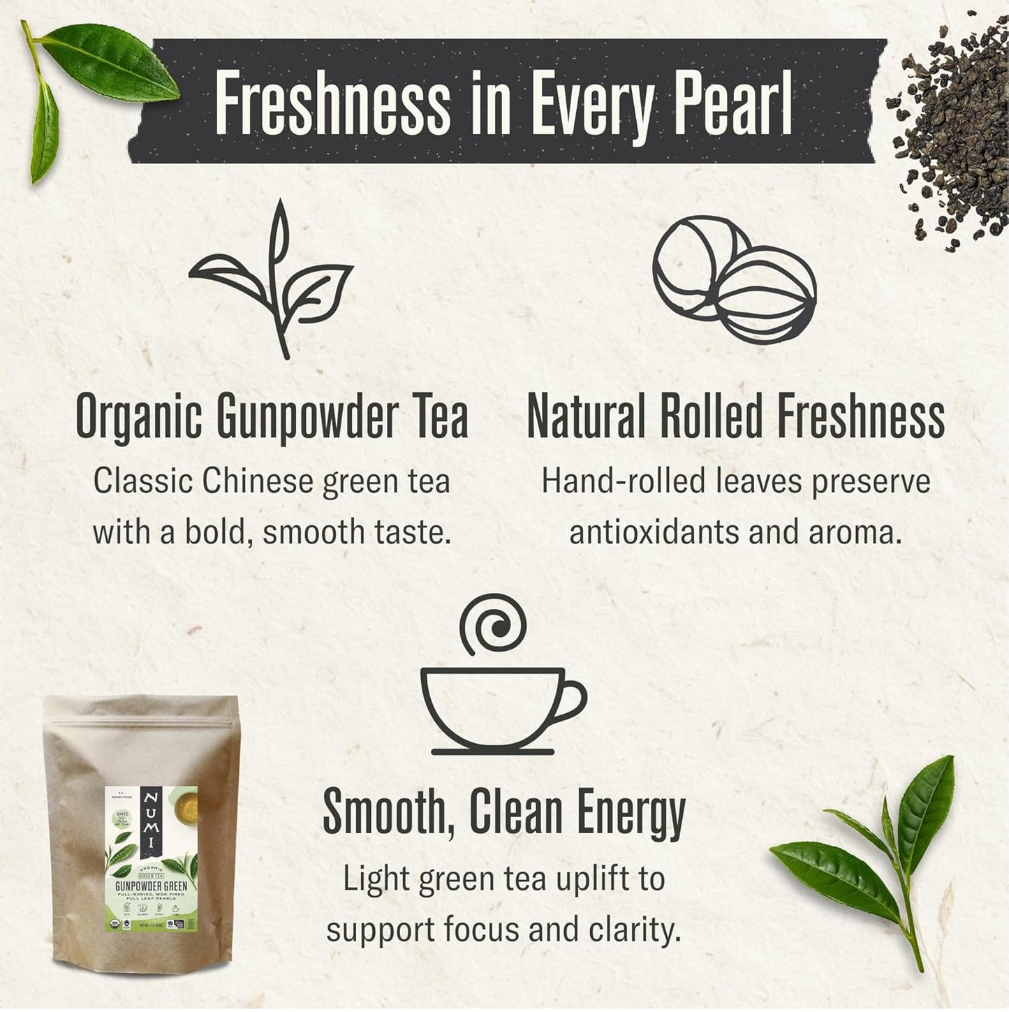 Organic Gunpowder Green Tea, 16 Ounce Pouch, Full-Bodied Loose Leaf Green Tea Pearls, Brew 200 Cups, Packaging May Vary