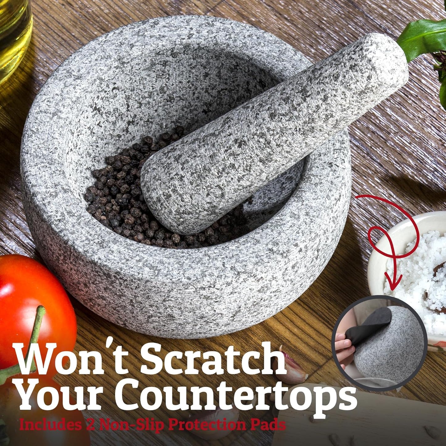 Heavy Duty Large Mortar and Pestle Set, Hand Carved from Natural Granite, Make Fresh Guacamole, Pesto, Stone Grinder Bowl, Herb Crusher, Spice Grinder, 6.3 Inches Wide, 2 Cup - Grey