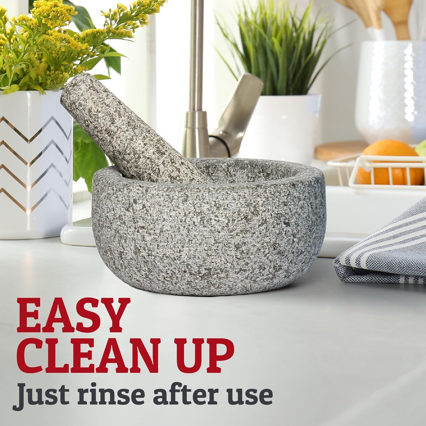 Heavy Duty Large Mortar and Pestle Set, Hand Carved from Natural Granite, Make Fresh Guacamole, Pesto, Stone Grinder Bowl, Herb Crusher, Spice Grinder, 6.3 Inches Wide, 2 Cup - Grey