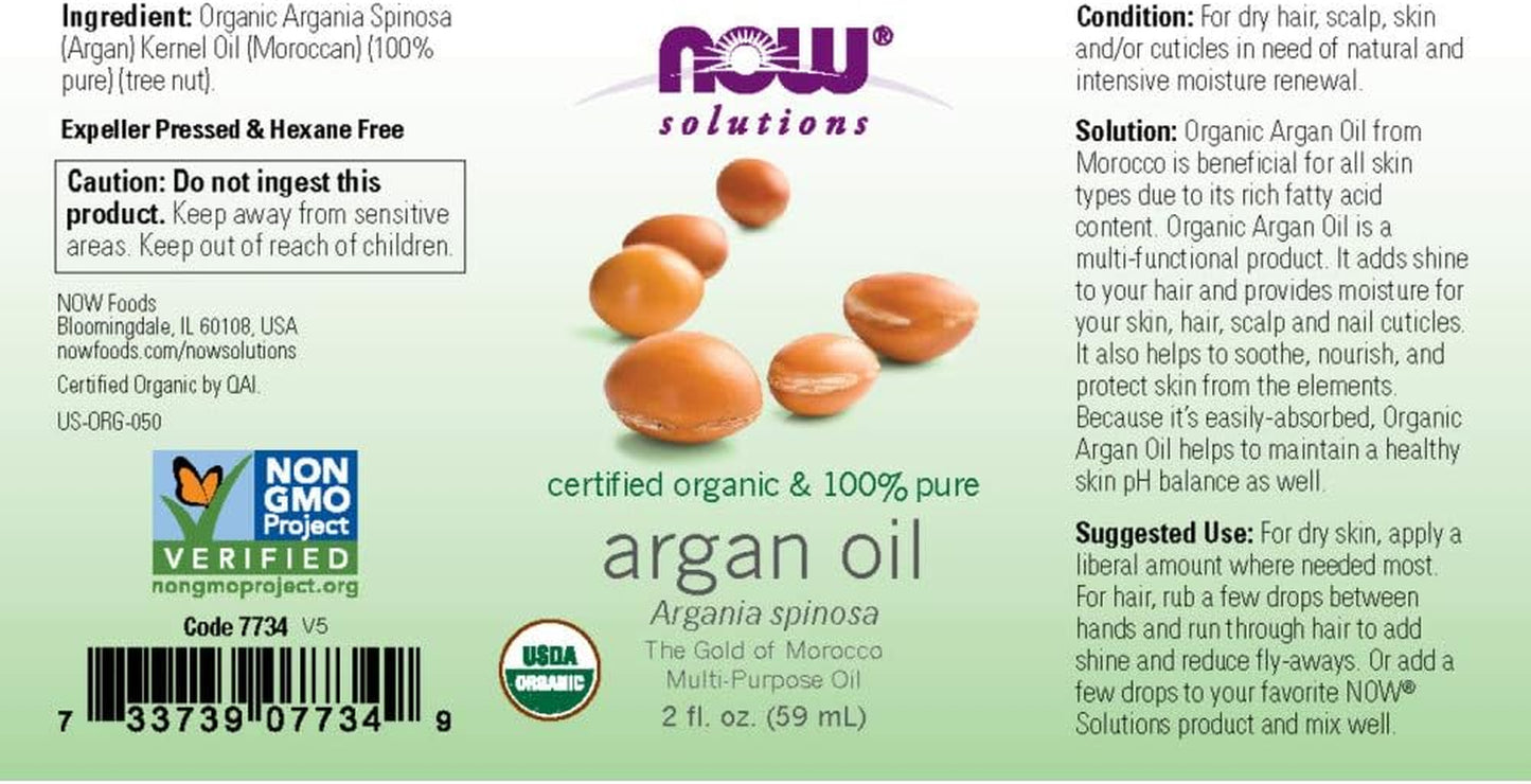 Solutions, Organic Argan Oil, Certified Organic and 100% Pure, "Gold of Morocco" Multi-Purpose Oil, 2-Ounce
